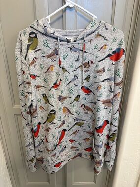 Bird Print Hooded Pullover Sweatshirt - Gray with Multicolor Birds